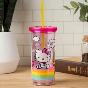 🆕 Hello Kitty Spring and Summer Flowers Rainbow Plastic Cold Cup with Lid/Straw